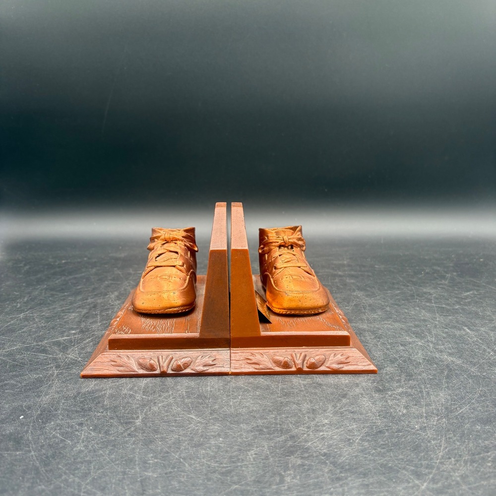 Vintage Bronzed Baby Shoe Bookends Faux Wood Base Acorn Detail 1956 Nameplate